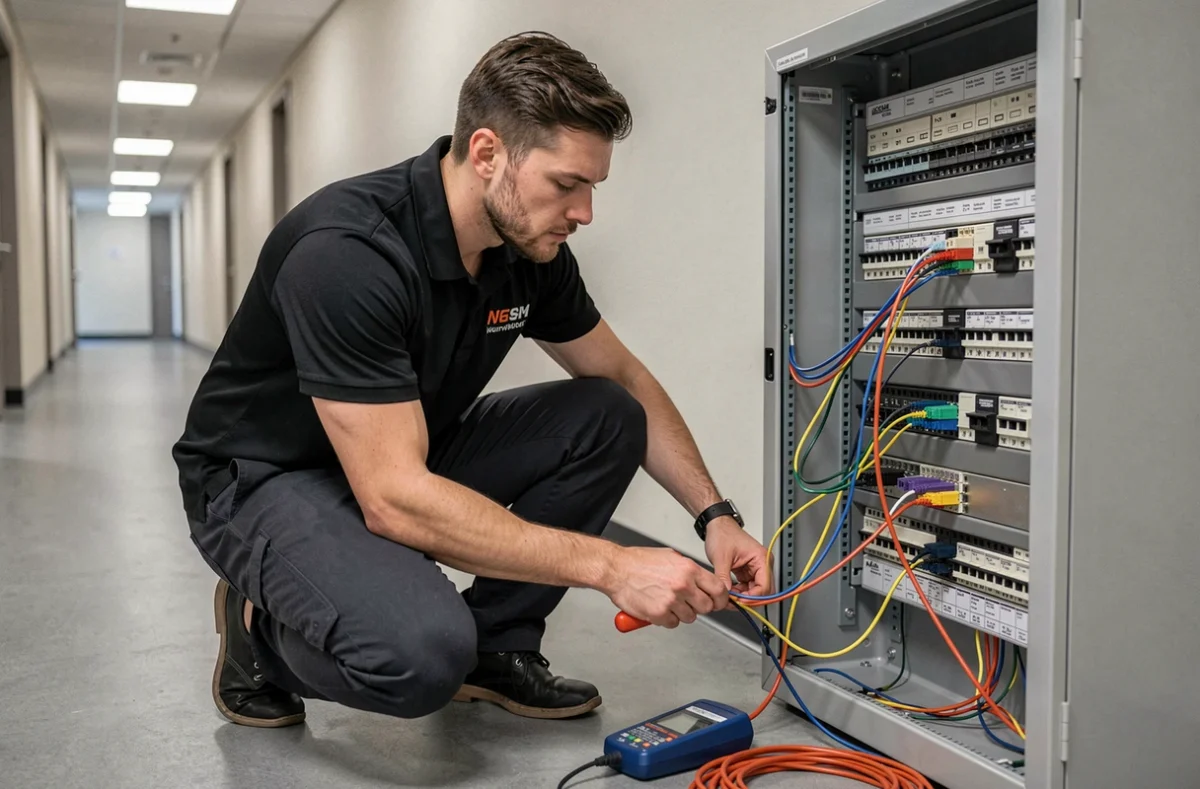 Technicien IPNEOS câblant un panneau réseau dans les locaux d'une entreprise