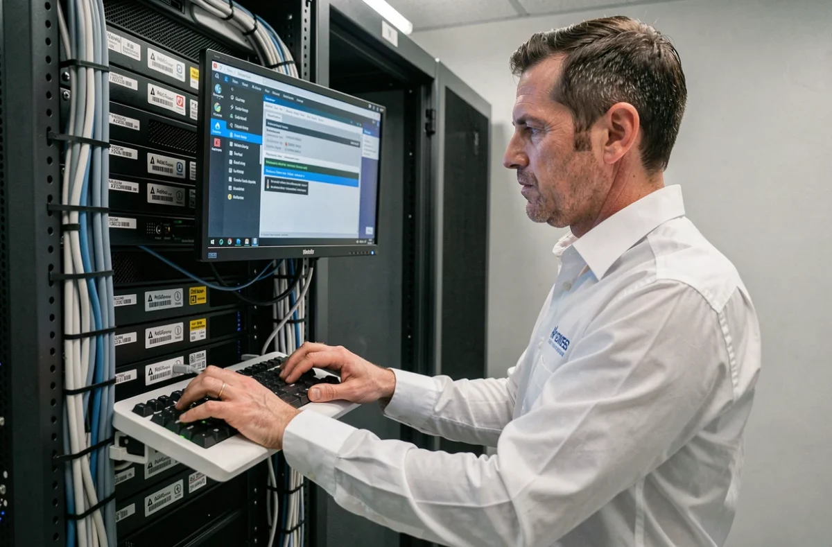 Technicien Itteo Informatique gérant un serveur dans une salle informatique professionnelle