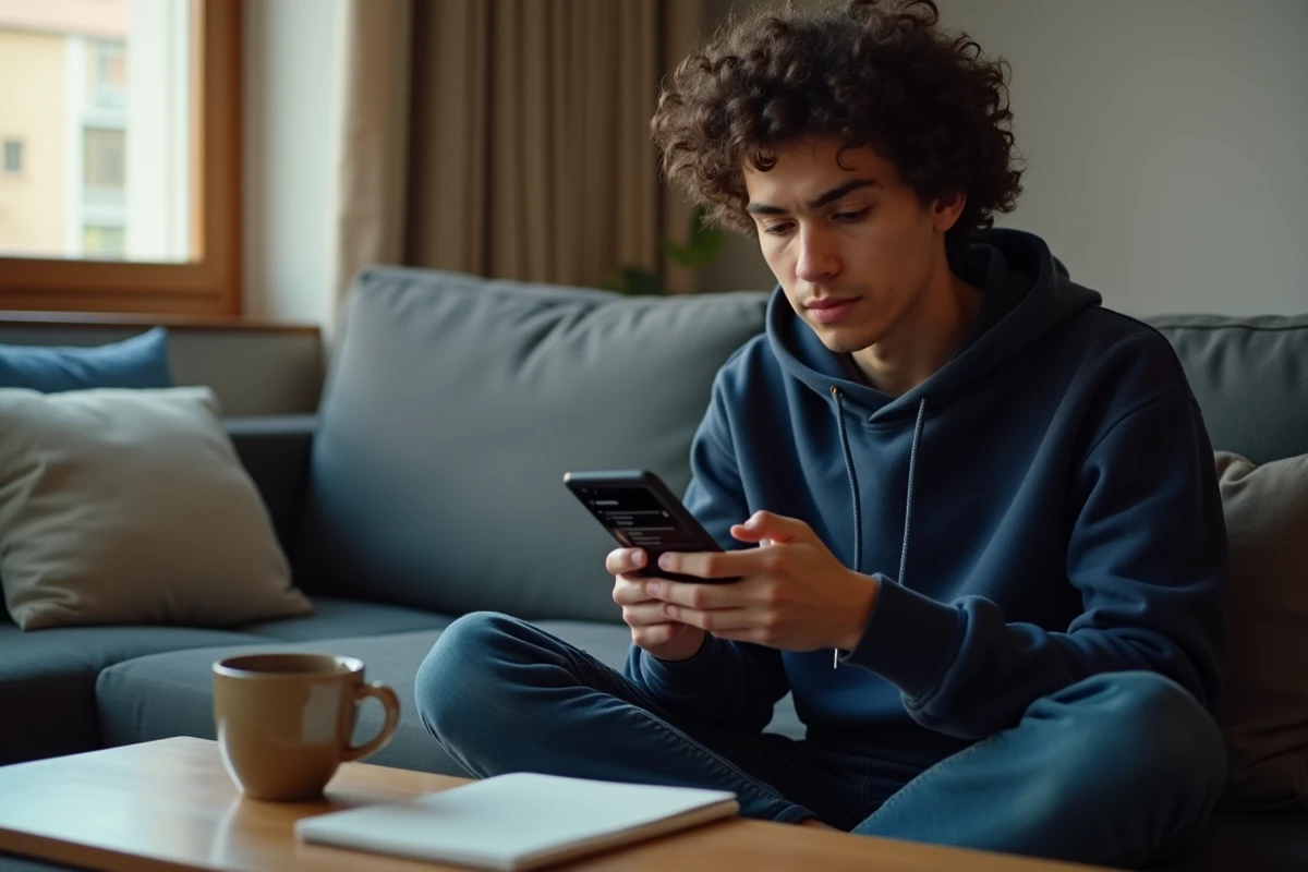 Jeune adulte évaluant une application email alternative à Gmail sur smartphone pour protéger sa vie privée