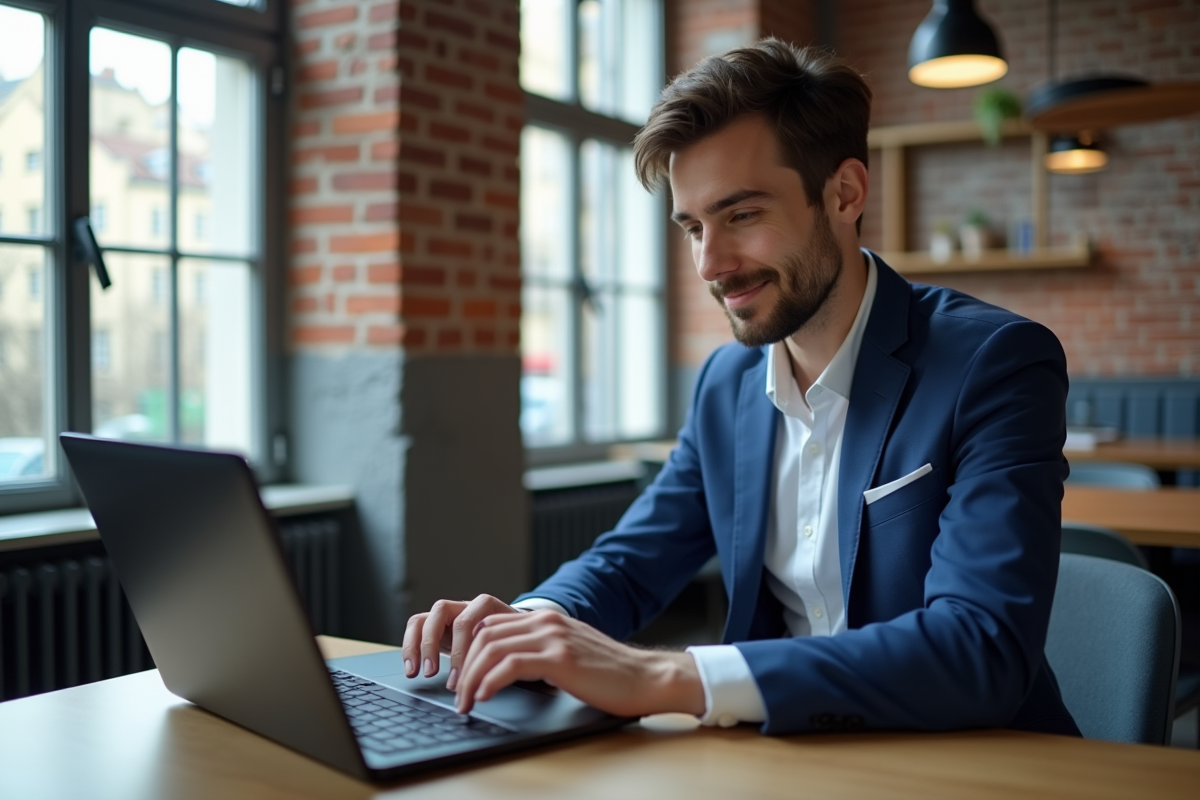 Jeune consultant tech français utilisant CRM dans un coworking