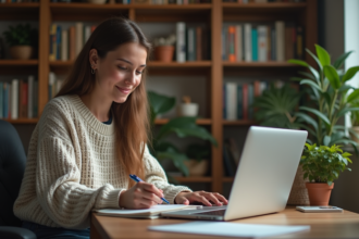 Jeune femme concentrée sur son ordinateur dans un appartement studieux