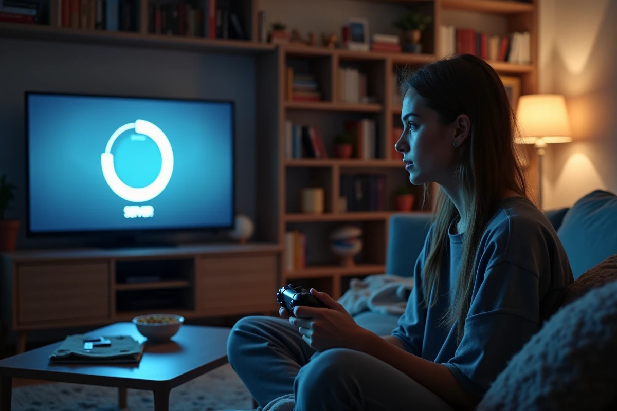 Jeune femme sur son canapé avec une manette de jeu face à un écran de chargement de jeu en ligne saturé le week-end