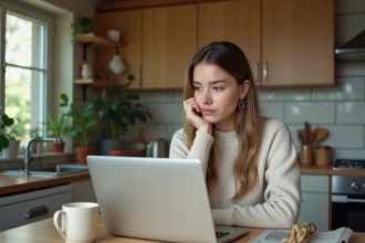 Jeune femme assise à la cuisine avec ordinateur portable