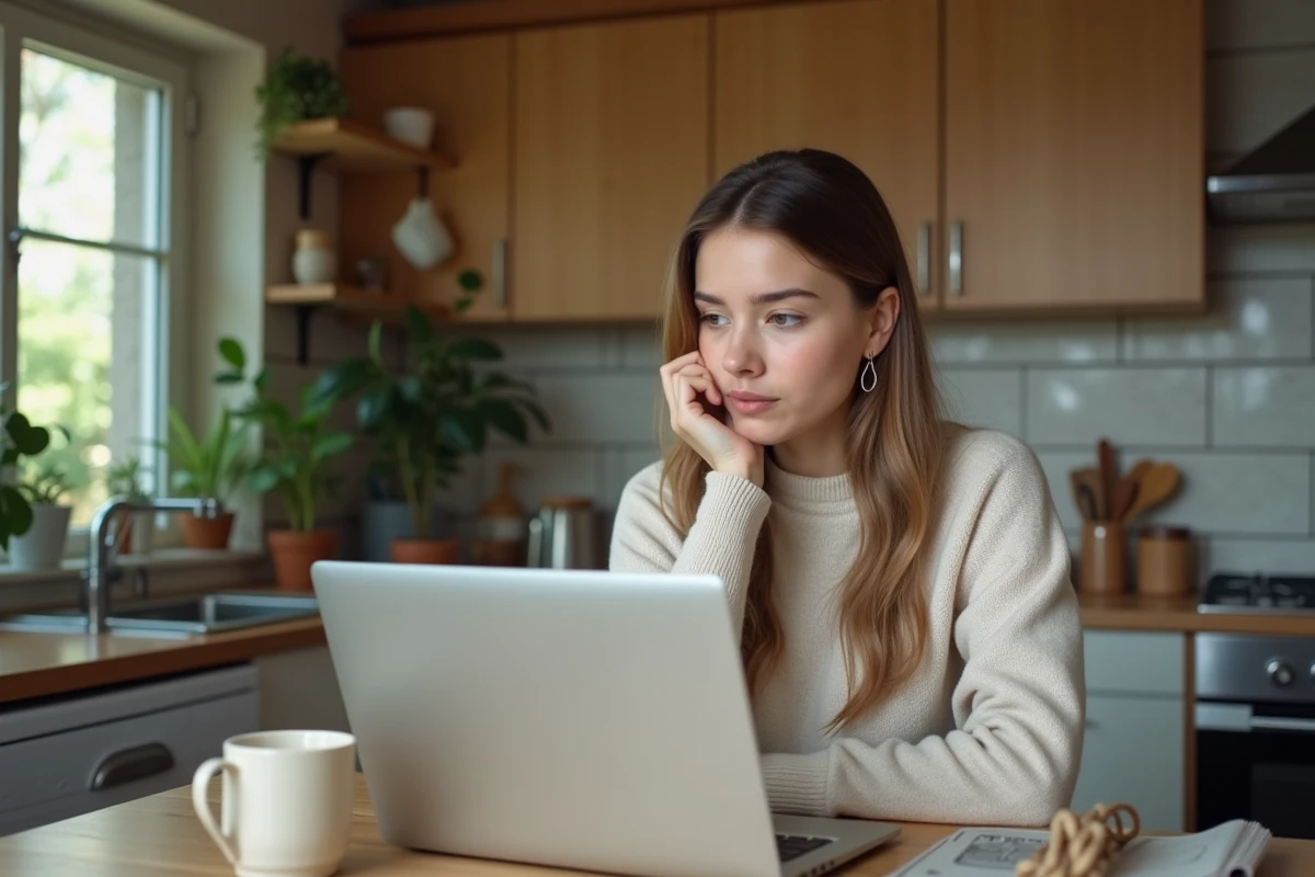 Jeune femme assise à la cuisine avec ordinateur portable