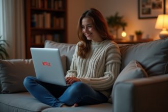 Jeune femme assise sur un canapé avec un ordinateur portable