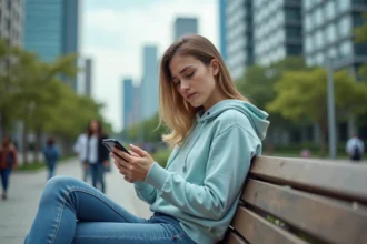Jeune femme assise sur un banc de parc urbain vérifiant son smartphone