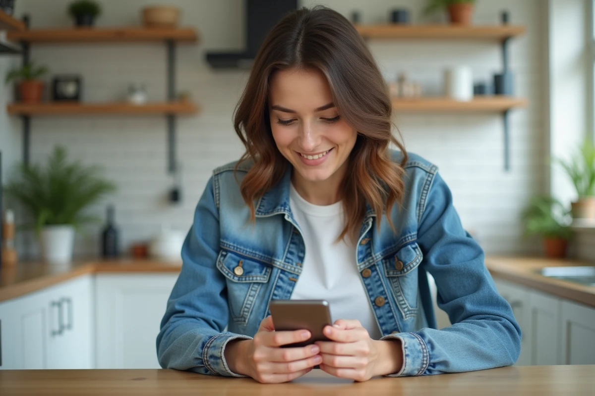 Jeune femme inspectant un smartphone rénové dans la cuisine