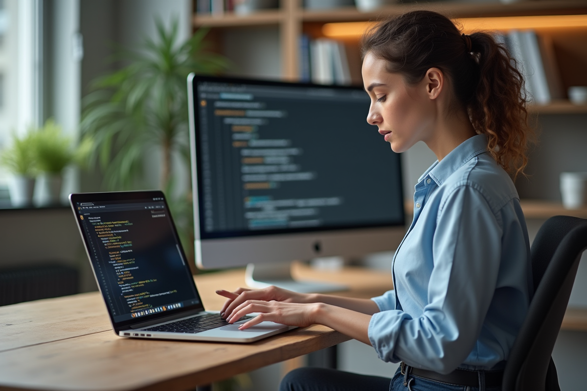 Jeune femme en bureau regardant du code SQL