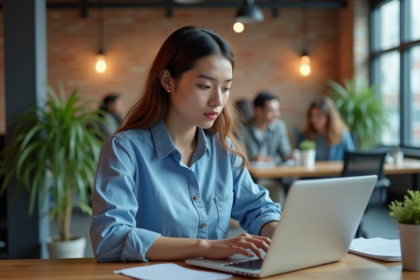 Jeune femme professionnelle travaillant sur un laptop dans un espace coworking