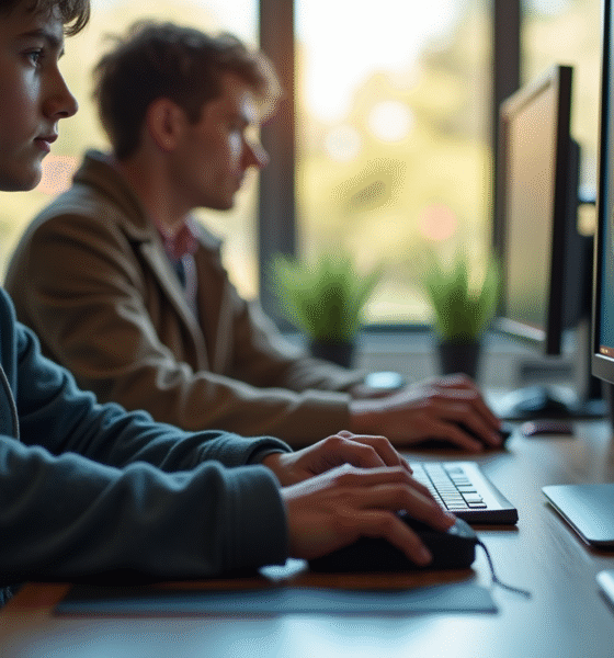 Jeune joueur concentré jouant à un jeu de stratégie sur PC