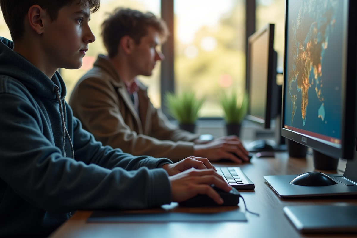Jeune joueur concentré jouant à un jeu de stratégie sur PC