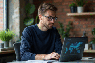 Jeune homme en sweater bleu travaillant sur un laptop blockchain