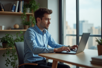 Jeune homme au bureau travaillant sur son ordinateur portable