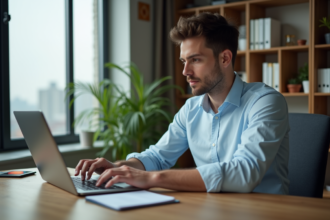 Jeune homme au bureau utilisant un ordinateur portable