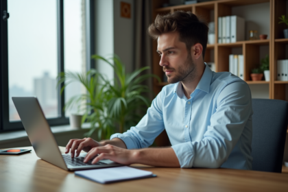 Jeune homme au bureau utilisant un ordinateur portable