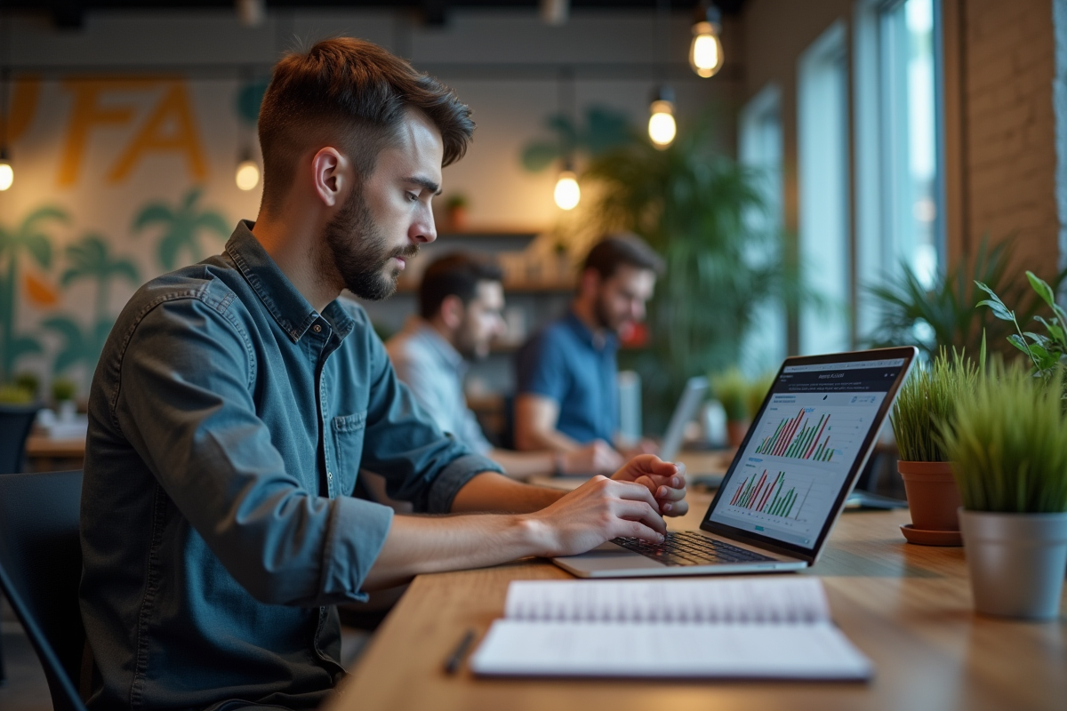 Jeune homme étudiant des statistiques dans un espace de coworking
