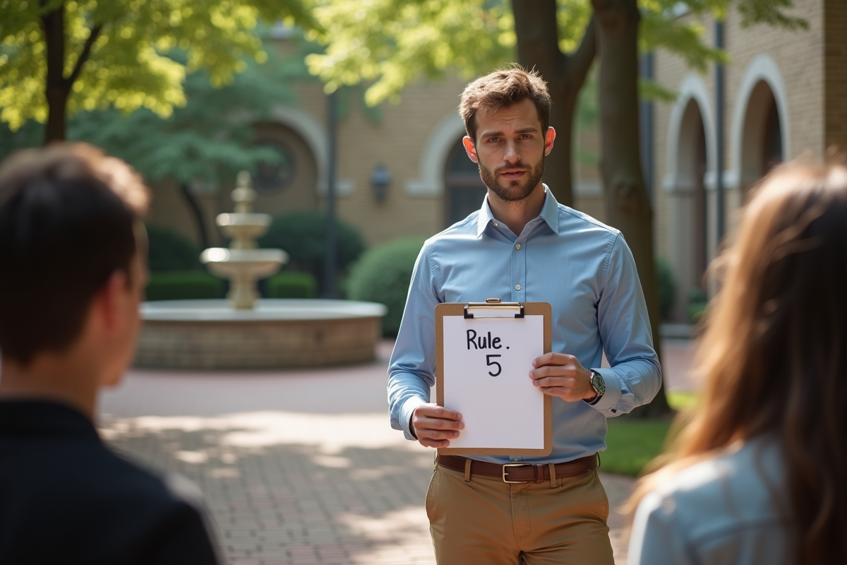 Jeune homme explique Rule 5 à un groupe en extérieur