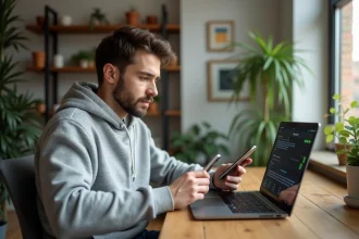 Jeune homme avec ordinateur portable dans un salon cosy