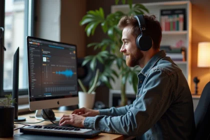 Jeune homme avec casque écoute musique dans un studio moderne