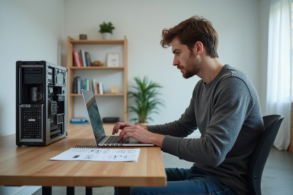 Jeune homme étudiant devant un ordinateur portable en atelier
