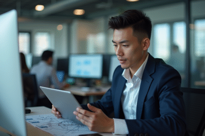 Jeune homme en blazer bleu examine un diagramme réseau sur une tablette