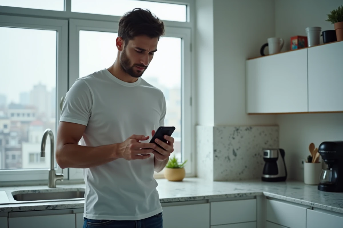 Jeune homme consultant le support PlayStation Network sur smartphone dans une cuisine moderne