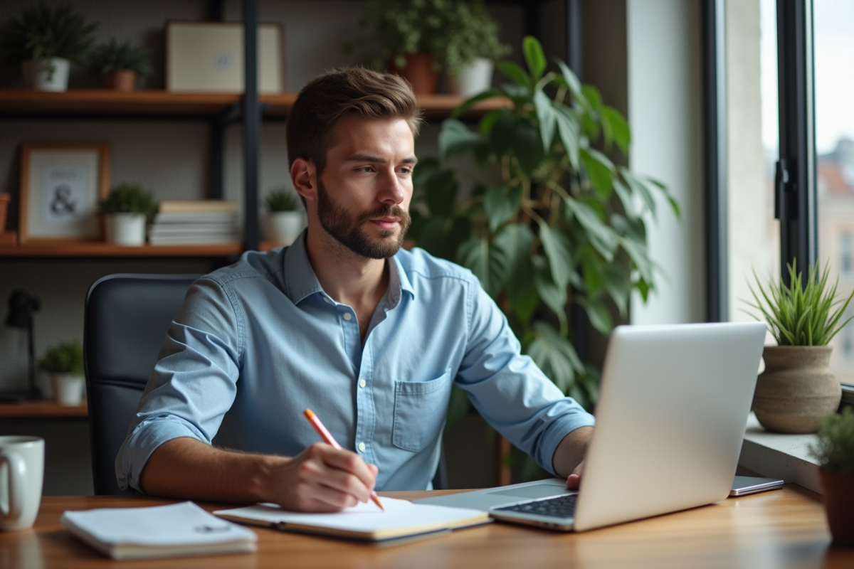 Jeune homme concentré travaillant seul dans un bureau à domicile
