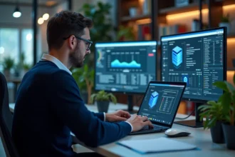 Jeune homme en informatique travaillant sur un dashboard serveur