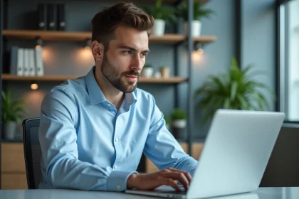 Jeune homme en bureau moderne explorant un ordinateur portable