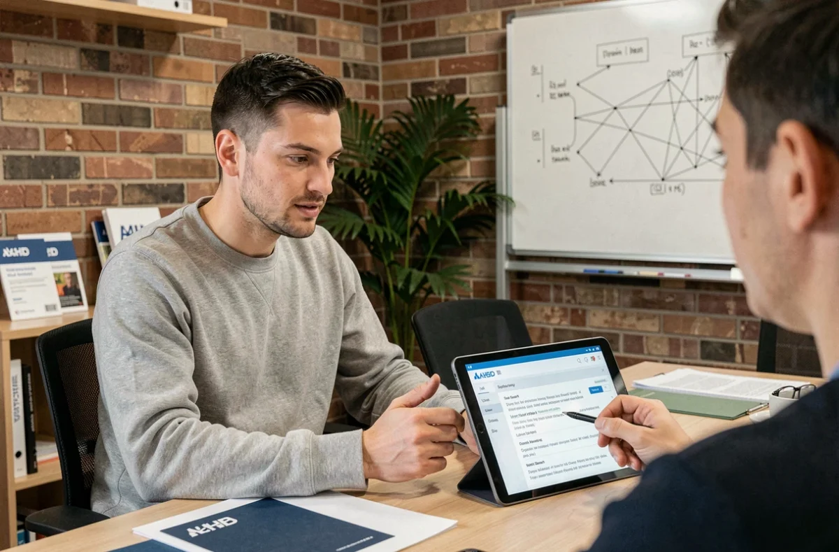 Johan Bayod conseillant un client sur un rapport de diagnostic informatique dans un bureau professionnel