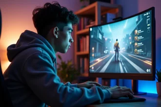 Joueur occasionnel concentré devant son écran de jeu compétitif avec interface de classement CS visible