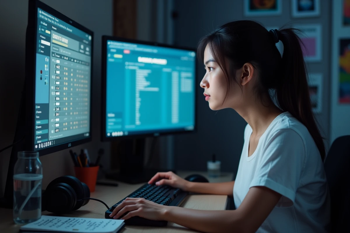 Joueuse sérieuse étudiant le système de grade CS sur son setup gaming double écran dans sa chambre
