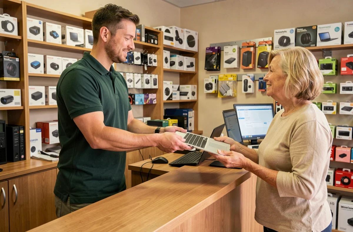 Technicien KINCY remettant un ordinateur portable réparé à une cliente satisfaite en boutique
