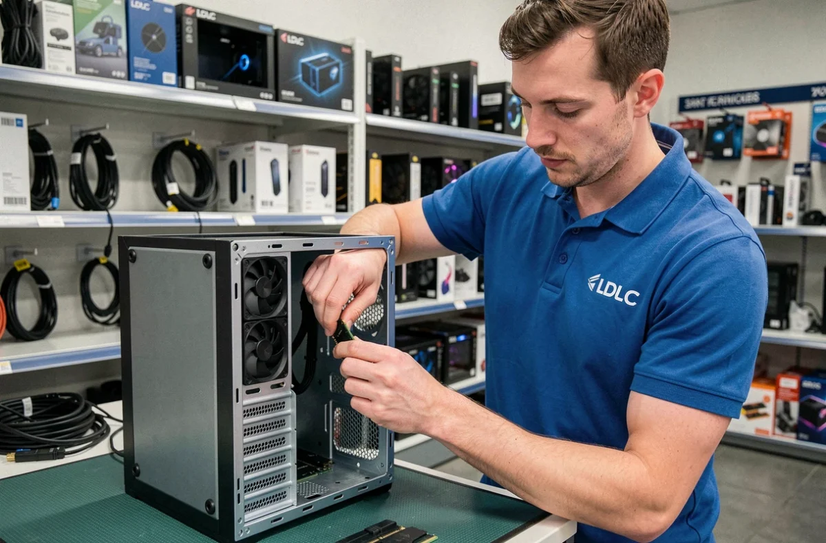 Technicien LDLC Saint-Quentin-en-Yvelines installant un module RAM dans un ordinateur de bureau ouvert sur un plan de travail