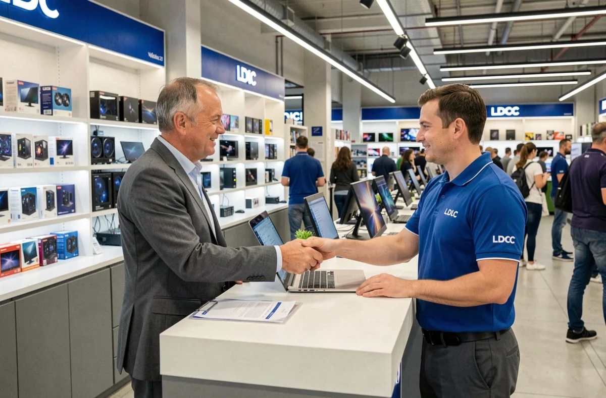 Client déposant son ordinateur portable au comptoir service de LDLC Vélizy 2 auprès d'un technicien en uniforme