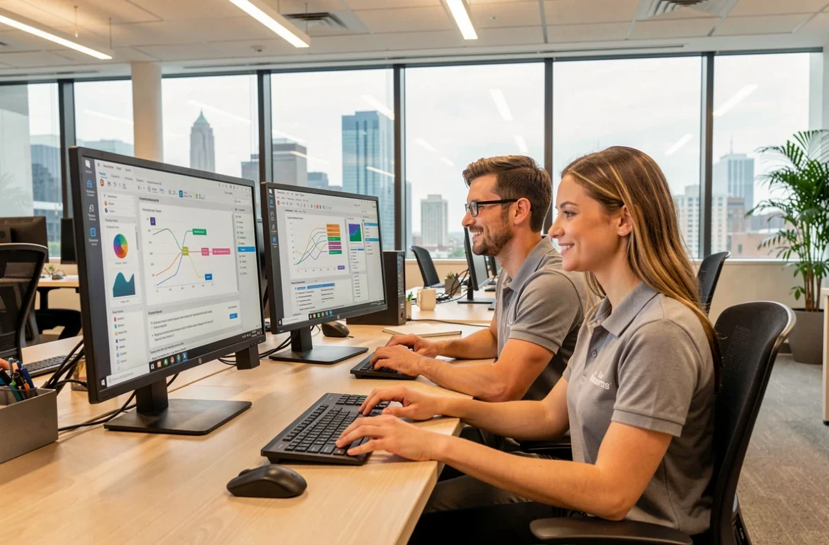 Équipe Macon Communication travaillant sur des postes informatiques dans un bureau moderne