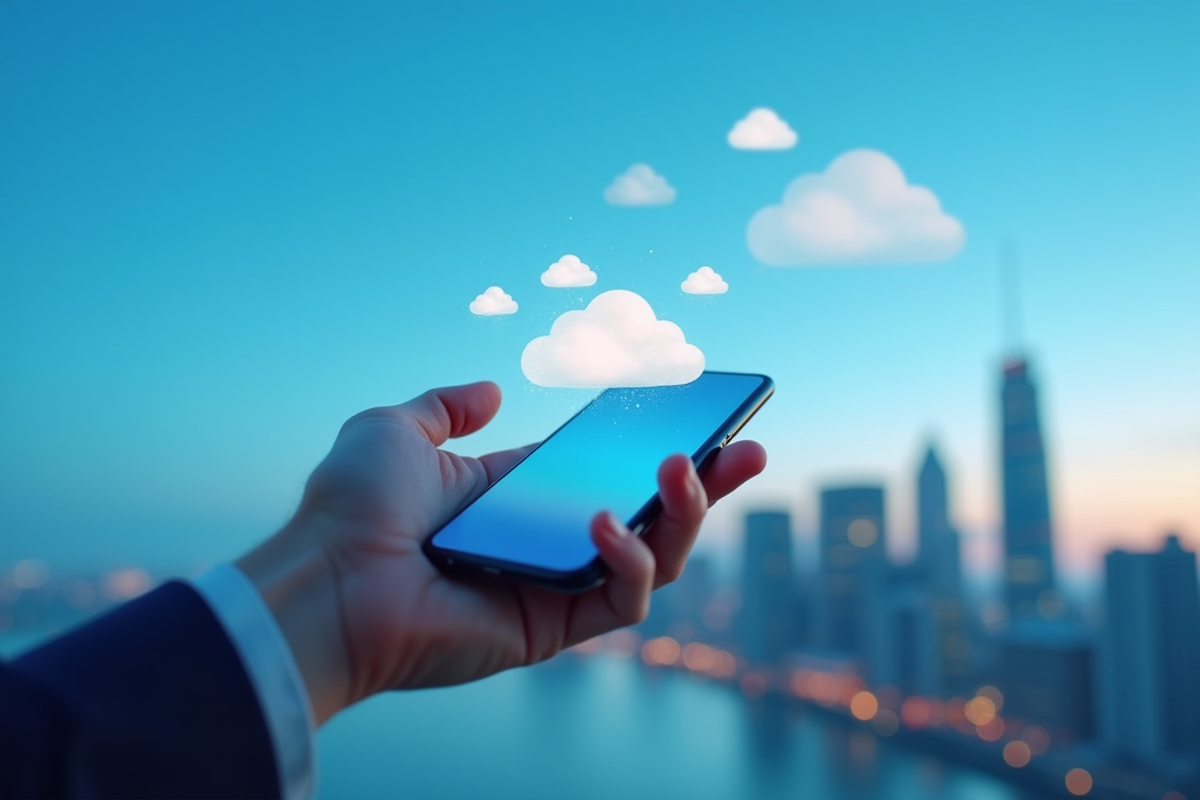 Main tenant un smartphone avec icônes de stockage cloud dans un ciel bleu