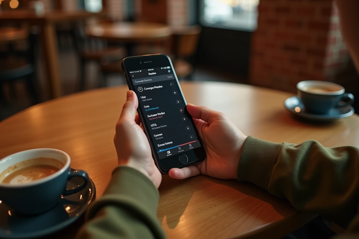 Mains tenant un iPhone affichant l'écran d'exportation GarageBand pour enregistrer une sonnerie personnalisée dans un café