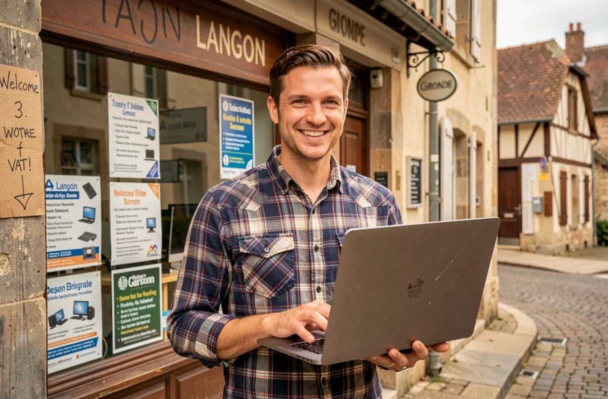 Technicien informatique de MarcoServices à Langon tenant un ordinateur portable réparé devant sa boutique