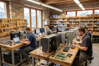 Atelier de réparation d'ordinateurs en Savoie avec techniciens au travail sur plusieurs postes