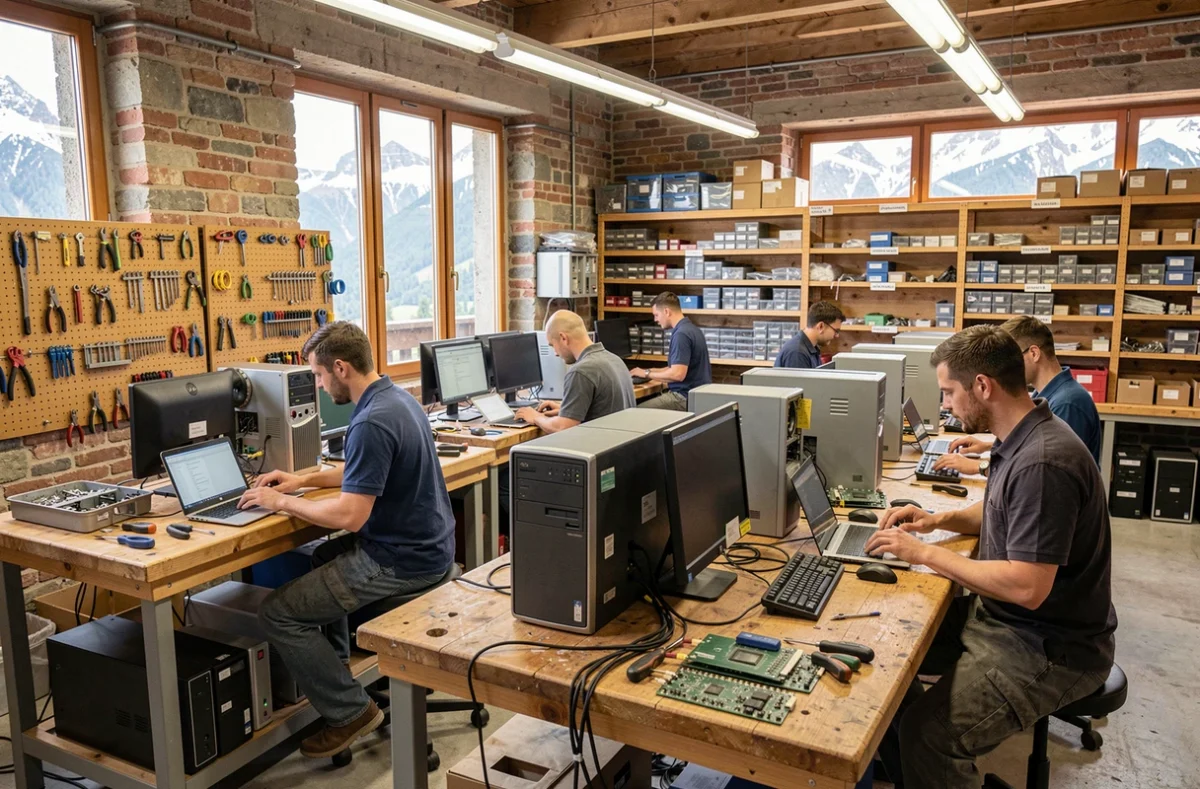 Atelier de réparation d'ordinateurs en Savoie avec techniciens au travail sur plusieurs postes