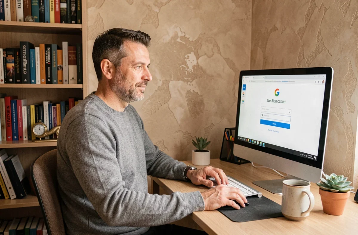 Homme consultant sa messagerie webmail depuis un ordinateur de bureau à domicile