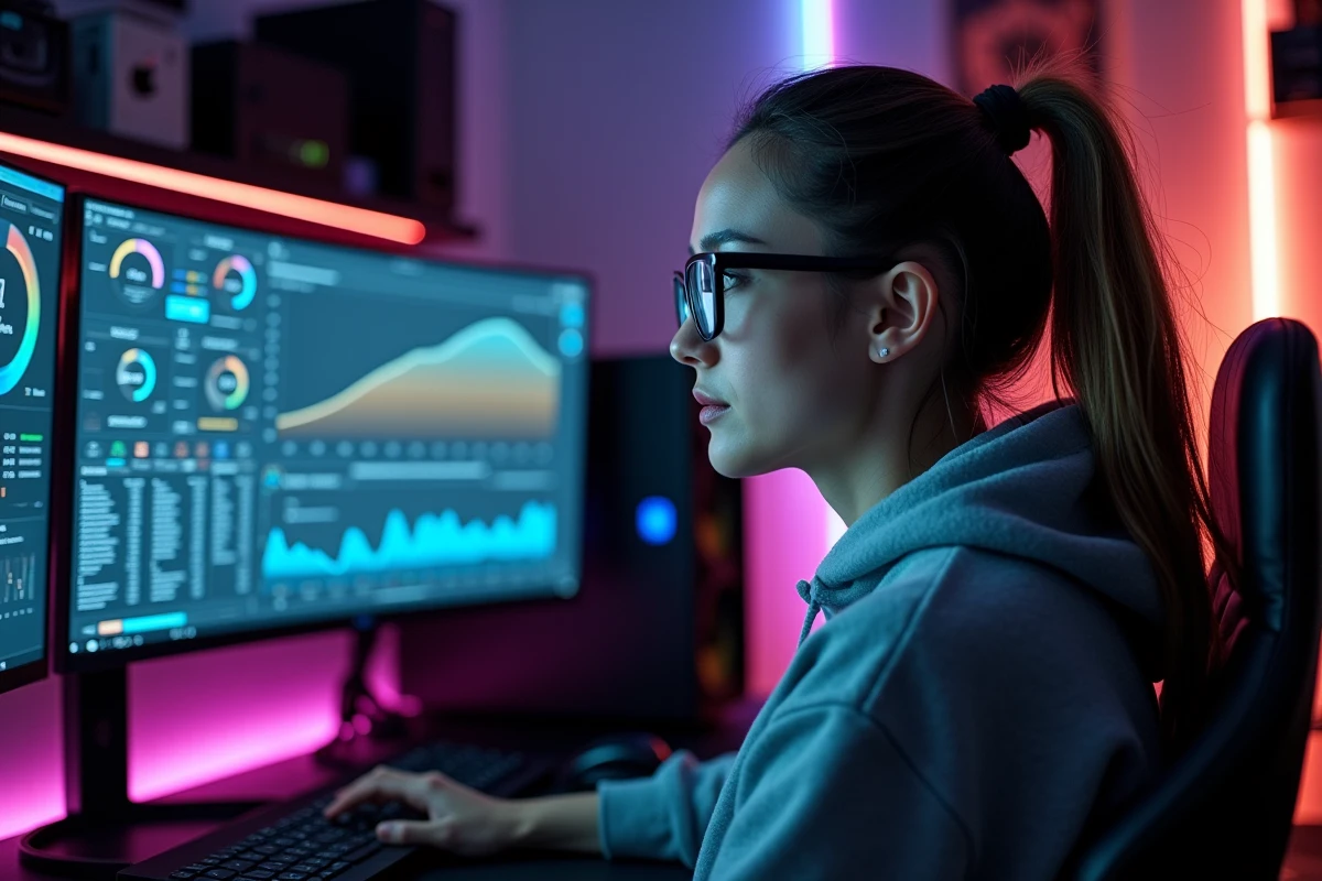Femme passionnée de hardware surveillant les paramètres d'overclocking GPU sur logiciel de monitoring avec courbes de fréquence et température