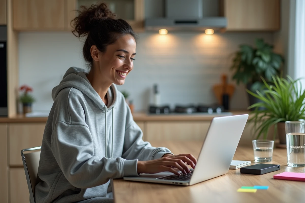 Monteuse vidéo freelance envoyant des fichiers volumineux à un client professionnel grâce à un outil de transfert en ligne depuis son domicile