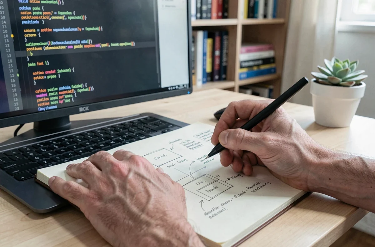 Mains d'un développeur annotant des schémas de positionnement absolu CSS dans un carnet de notes technique