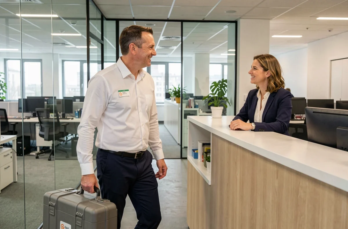 Technicien Nova Services Informatiques arrivant chez un client professionnel avec son matériel de service