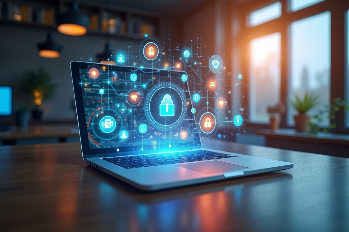 Objets connectes et icones flottants symbolisant l automatisation marketing