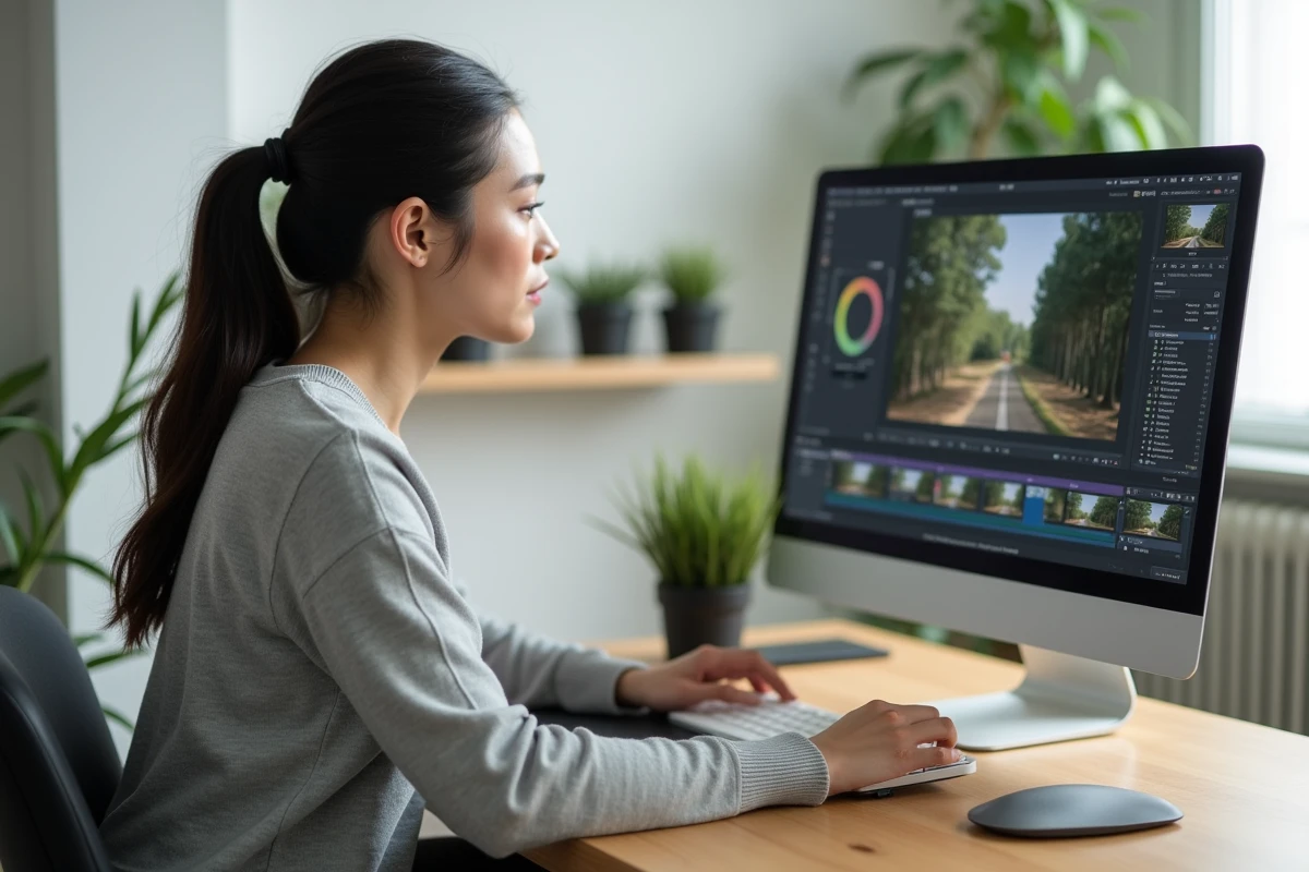 Femme optimisant des fichiers images JFIF en JPEG sur un logiciel de retouche photo dans un bureau minimaliste