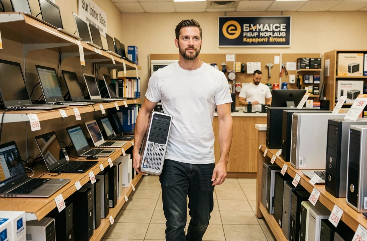 Technicien d'ORDI35 portant un ordinateur reconditionné dans un magasin de vente et réparation informatique