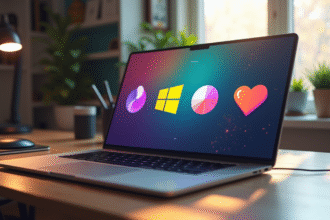Ordinateur portable moderne affichant logos de Linux Windows et macOS